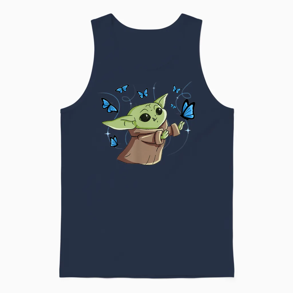 Star Wars the Mandalorian the Child with Blue Butterflies T-Shirt, Black Unisex Tank Top in Navy