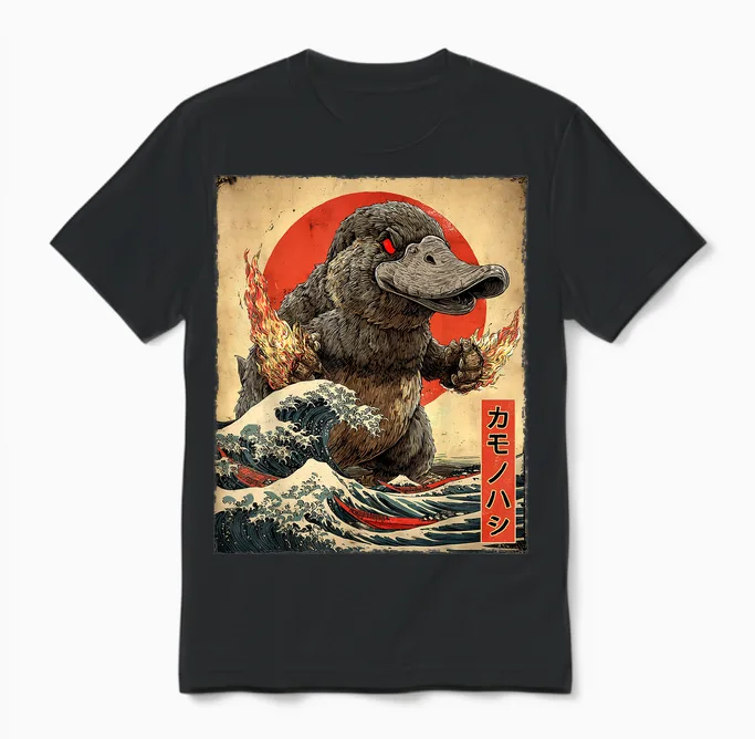 Japanisches Vintage-Poster Mit Schnabeltier-Kaiju-Monster Unisex T-Shirt in Black
