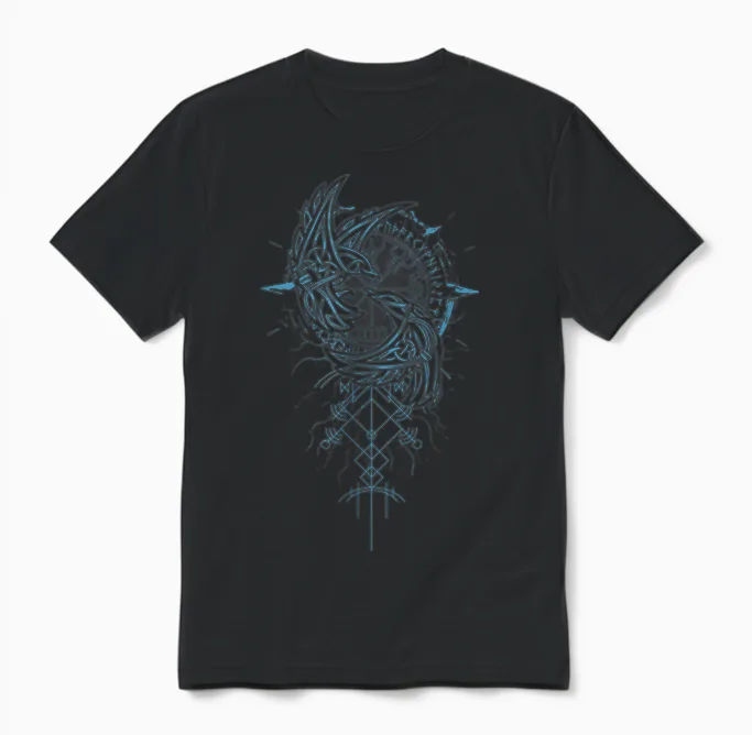 Walhalla Raven Odins Runes Nordic Compass Viking Unisex T-Shirt in Black