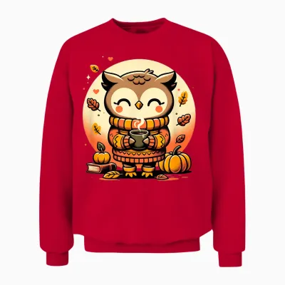 Cute Owl with Autumn Print Pullover T-Shirt, Black, S Unisex Sweatshirt - Red