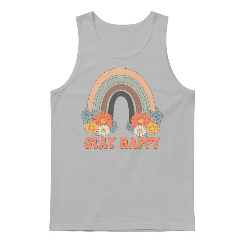 Stay Happy, Groovy, Retro, โ Aesthetic Unisex Tank Top - Ash
