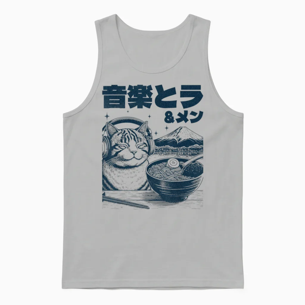 Music & Ramen Cat Neko Japan Ramen Noodle Cat T-Shirt, Gray, S Unisex Tank Top in Ash