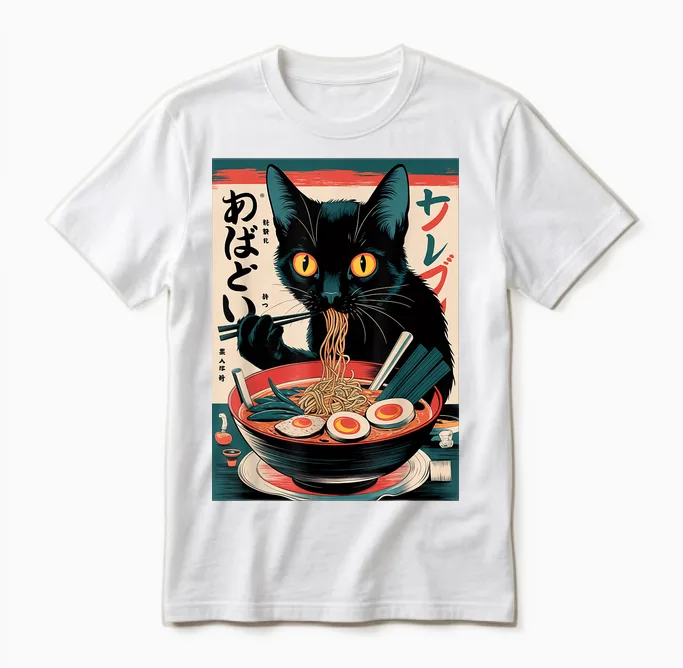 Anime Manga Kawaii Otaku Ramen Cat Christmas Gift T-Shirt, Black Unisex T-Shirt in White