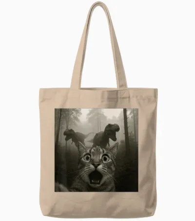 Cat Selfie with Rex Dinosaur Funny Cat Kids Men Women Tote Bags - Natural