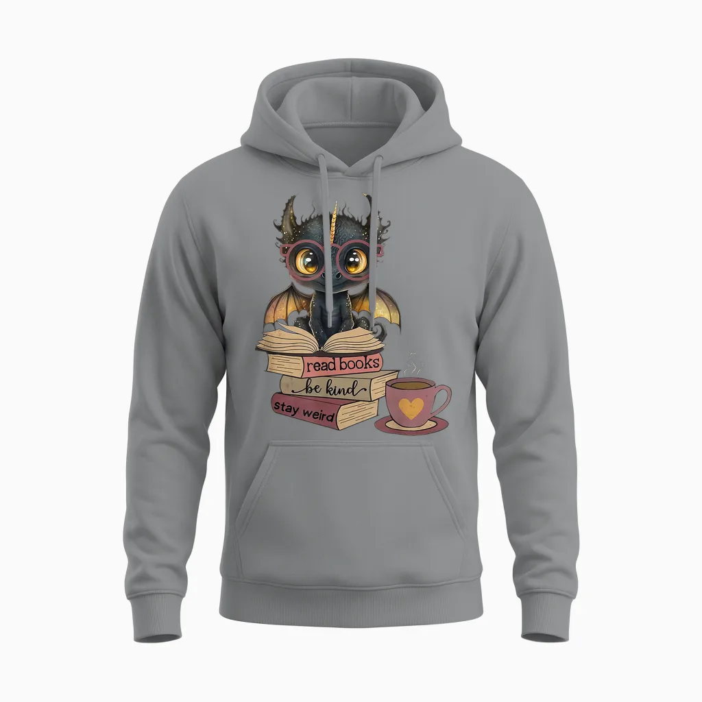 Funny Dragon Read Books Be Kind Stay Weird Book Lover Unisex Hoodie in Sport Grey