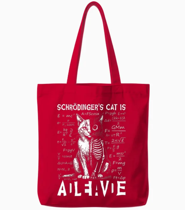 Quantum Physics of the Dead and Living Cat by Schrodinger Tote Bags in Red