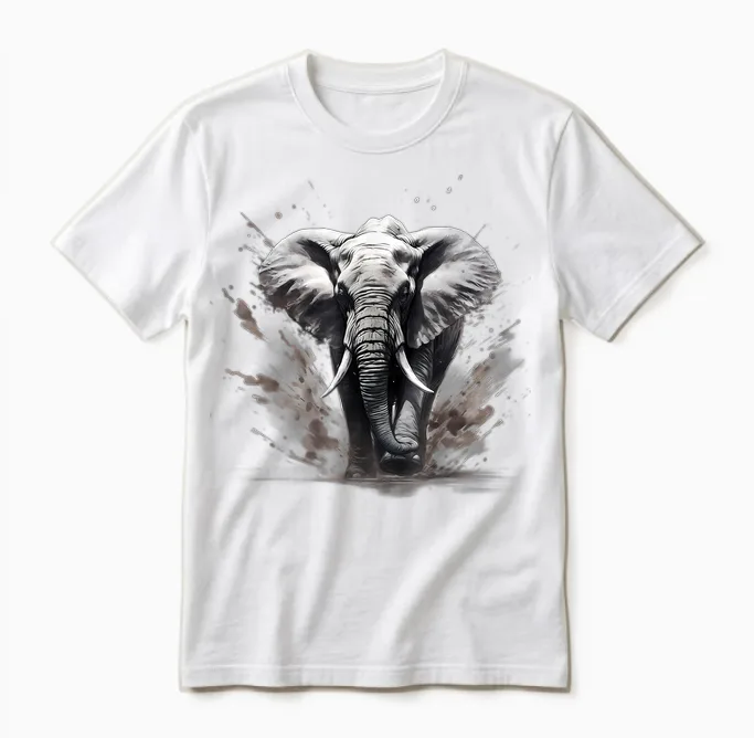 Elephant Drawing Motif Wildlife Splash Nature Animal Print T-Shirt, Black Unisex T-Shirt in White