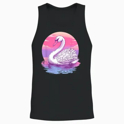 Graceful Swan Pink Sunset Reflection Art T-Shirt, Black, S Unisex Tank Top - Black
