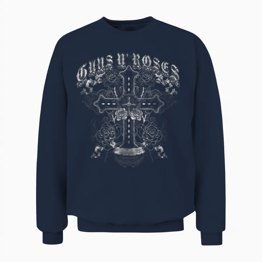 Guns N' Roses Official Vintage Cross White T-Shirt, Black Unisex Sweatshirt in Navy