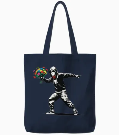 Banksy Protester Throwing Flowers Tote Bags - Navy