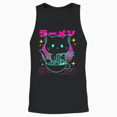 Anime Ramen Cat Retro Japanese Noodles Aesthetic Kawaii Cat Unisex Tank Top - Black
