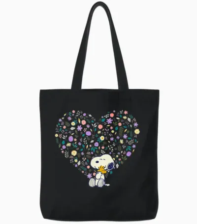 Peanuts Snoopy & Woodstock Hug Heart Floral Tote Bags - Black