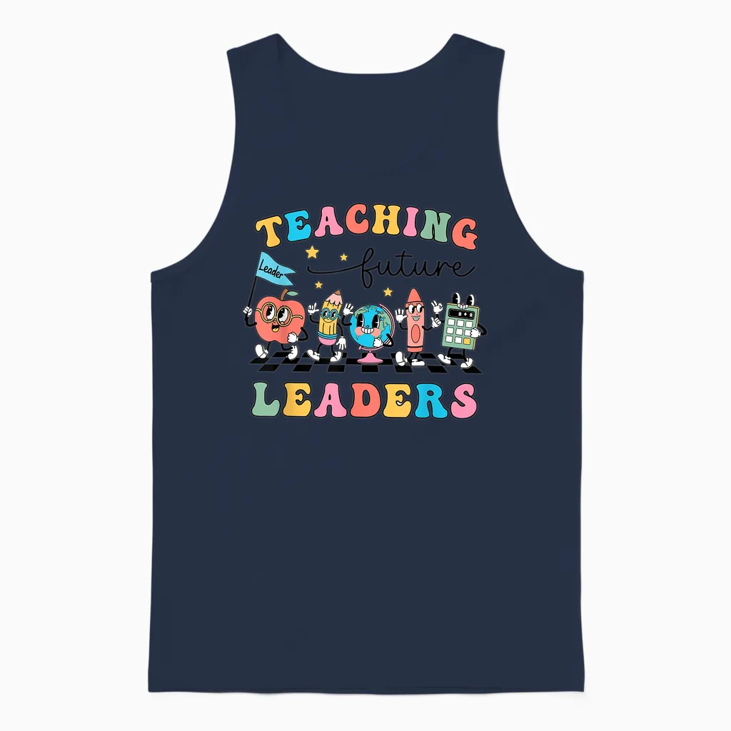 Retro Teaching Future Leaders Groovy Teacher Back to School Men Women Girls Unisex Tank Top in Navy