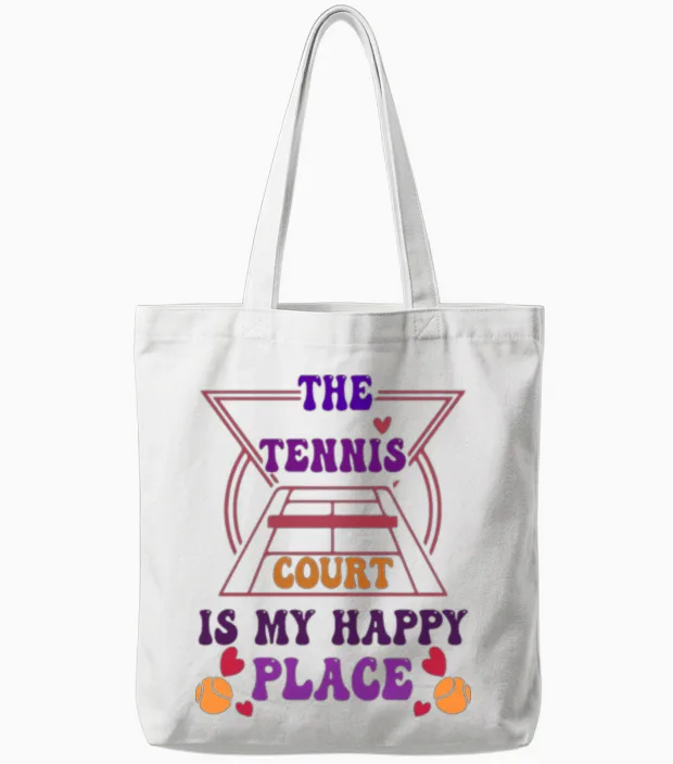 The Tennis Court Is My Happy Place Funny Tote Bags in White