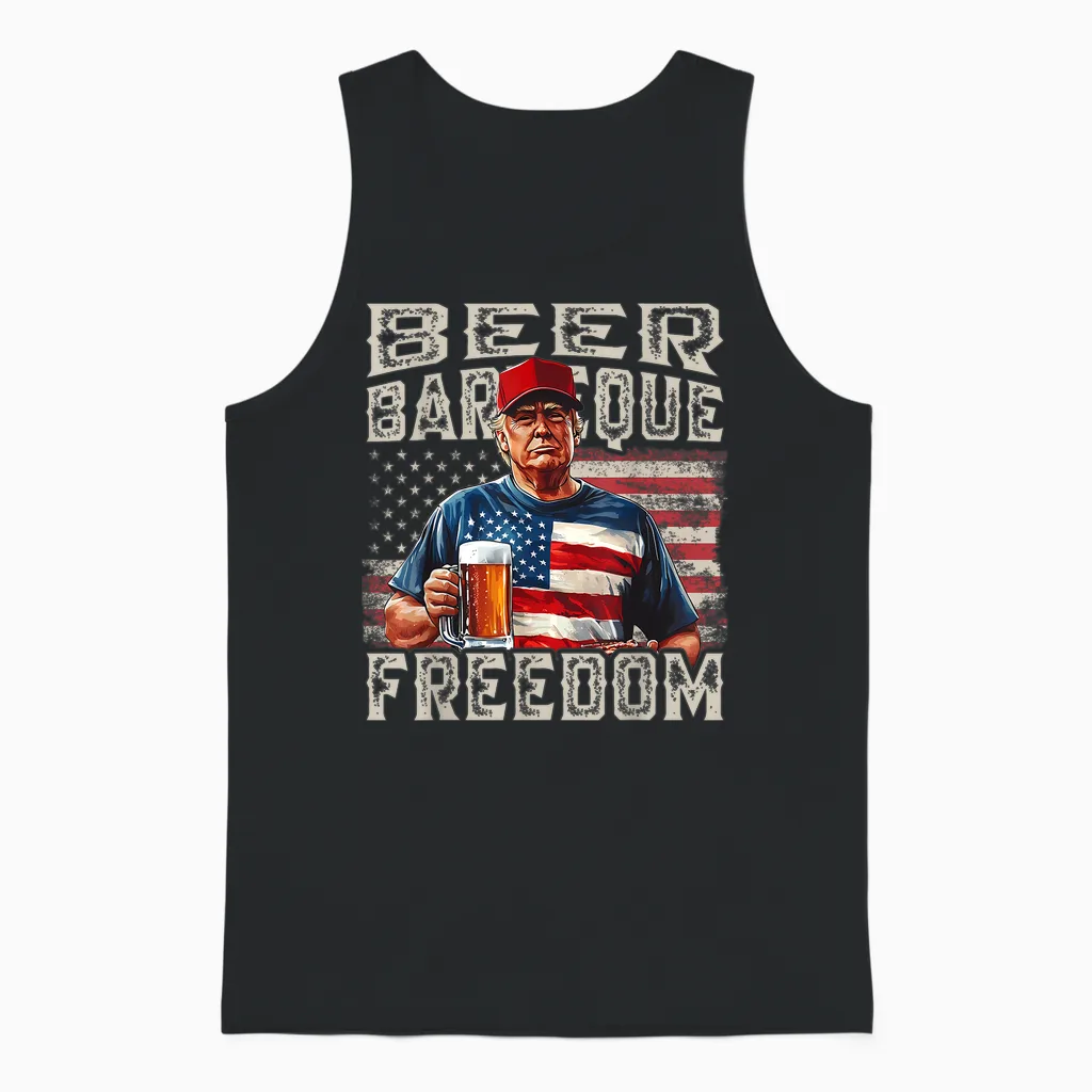 Fourth of July Trump Bbq Beer and Freedom Red White Blue Unisex Tank Top in Black