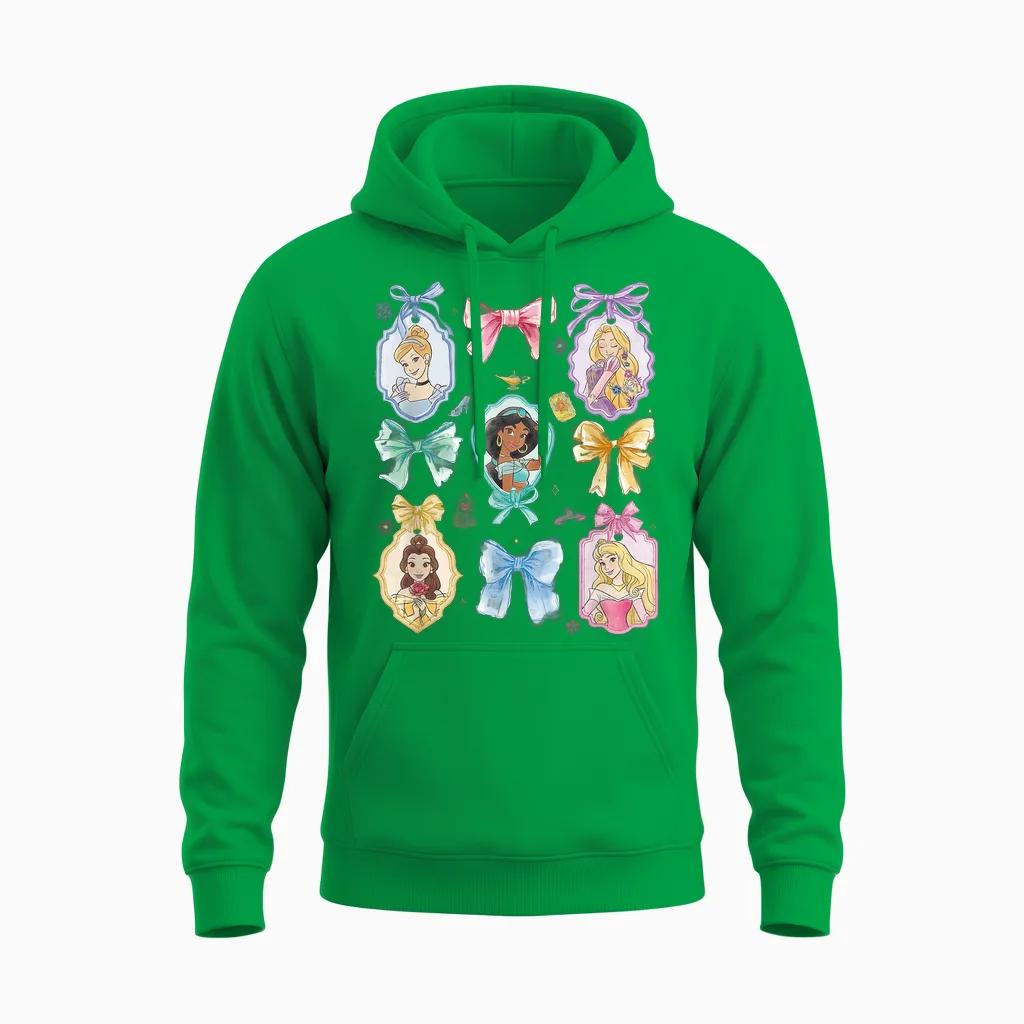 Disney Princess and Bows Watercolor Portraits Collage Unisex Hoodie in Irish Green