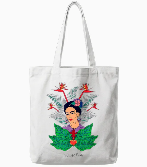 Frida Kahlo Flowers Portrait Graphic Art Feminism Papl248 Tote Bags in White
