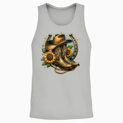 Western Cowboy Boots Horseshoe Sunflower Rope Cowgirl Boat T-Shirt, Black Unisex Tank Top - Ash