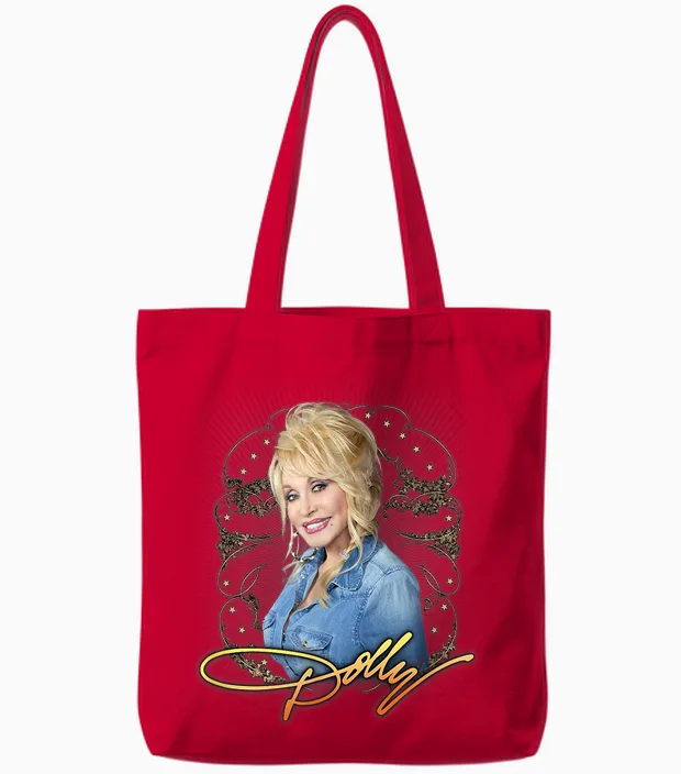 Dolly Parton Denim Smile Tote Bags in Red