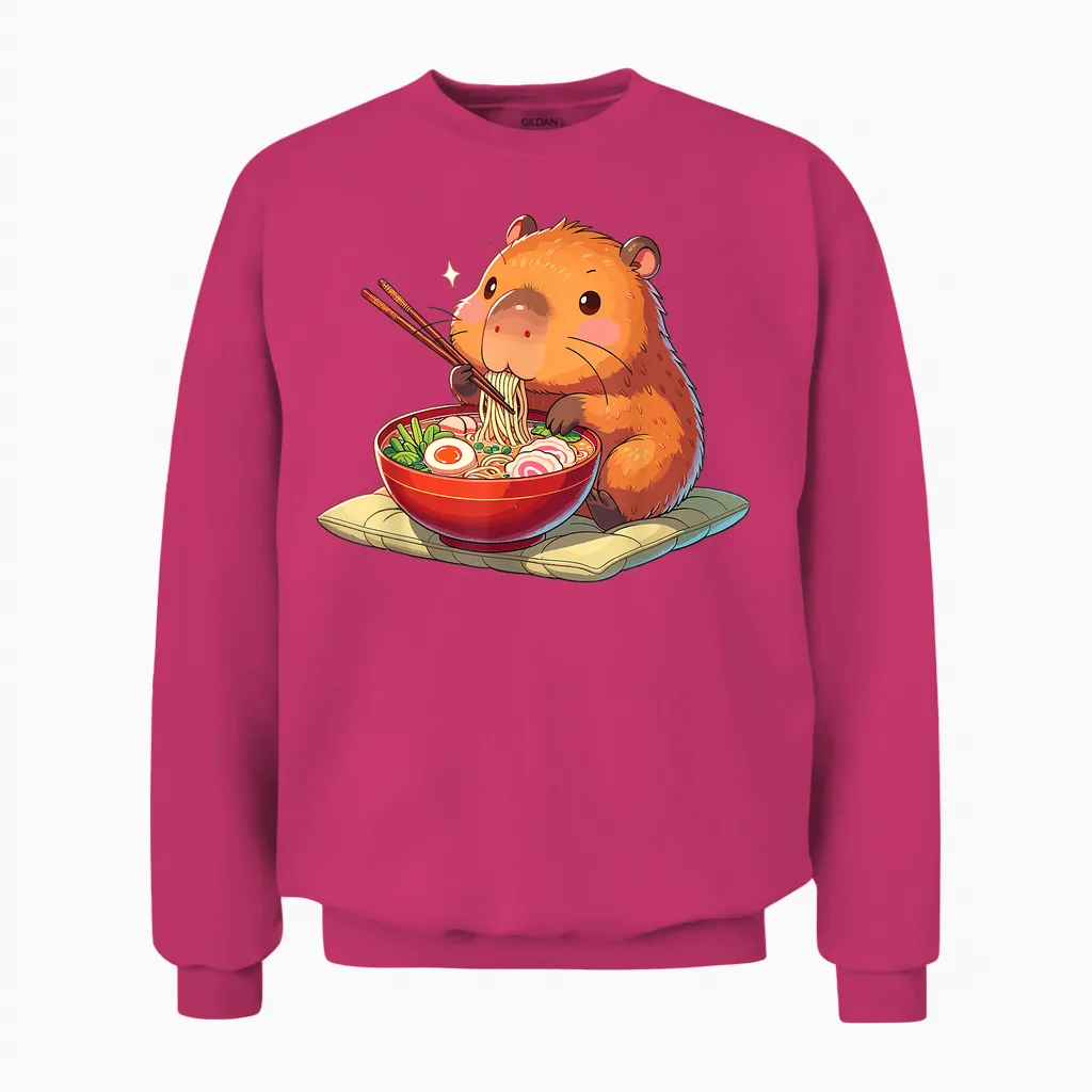 Cute Capybara Eats Ramen Noodles Capybaras Ramen T-Shirt, Black Unisex Sweatshirt in Heliconia