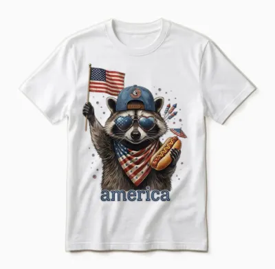 Funny Raccoon Hot Dog American Flag 4th of July Unisex T-Shirt - White