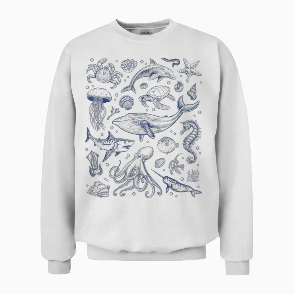 Ocean Life Sea Aesthetic Dolphin Beach 90s Vintage Graphic Unisex Sweatshirt in White