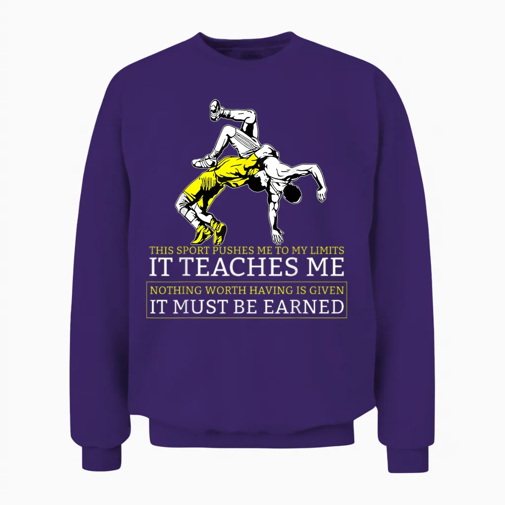 It Must Be Earned Wrestling Short Sleeve Unisex Sweatshirt in Purple