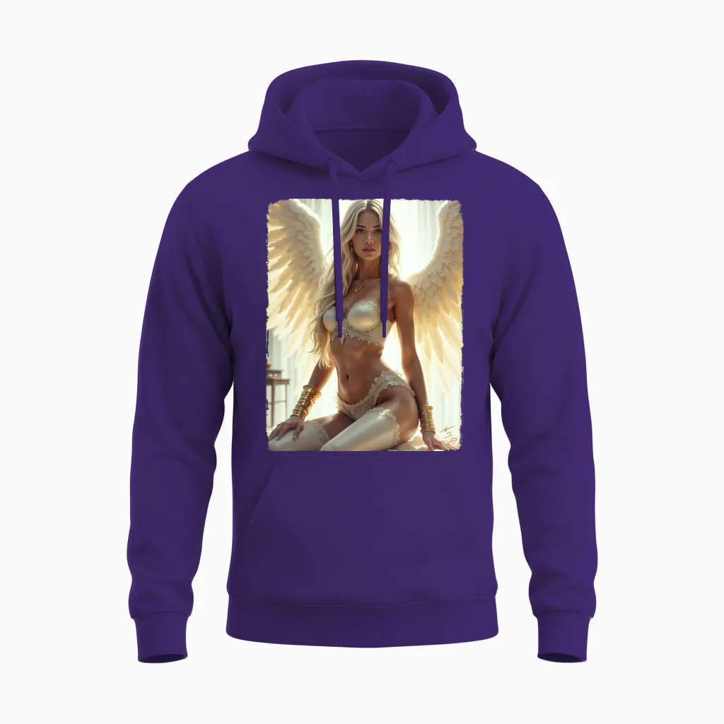 Sexy Brunette Angel Pinup Girl Long Sleeve Print Unisex Hoodie in Purple