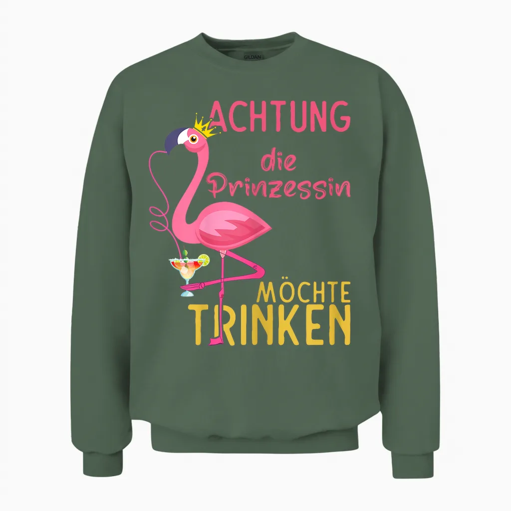 Women's Flamingo Drinking Girls Mallorca Party Outfit Princess Sauf T-Shirt, Black Unisex Sweatshirt in Military Green