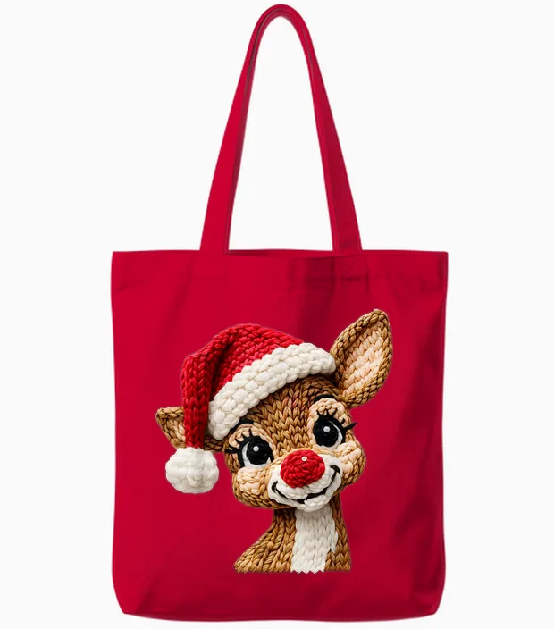 Cute Reindeer Rudolph Crochet Christmas Xmas Pajamas Holiday Tote Bags in Red