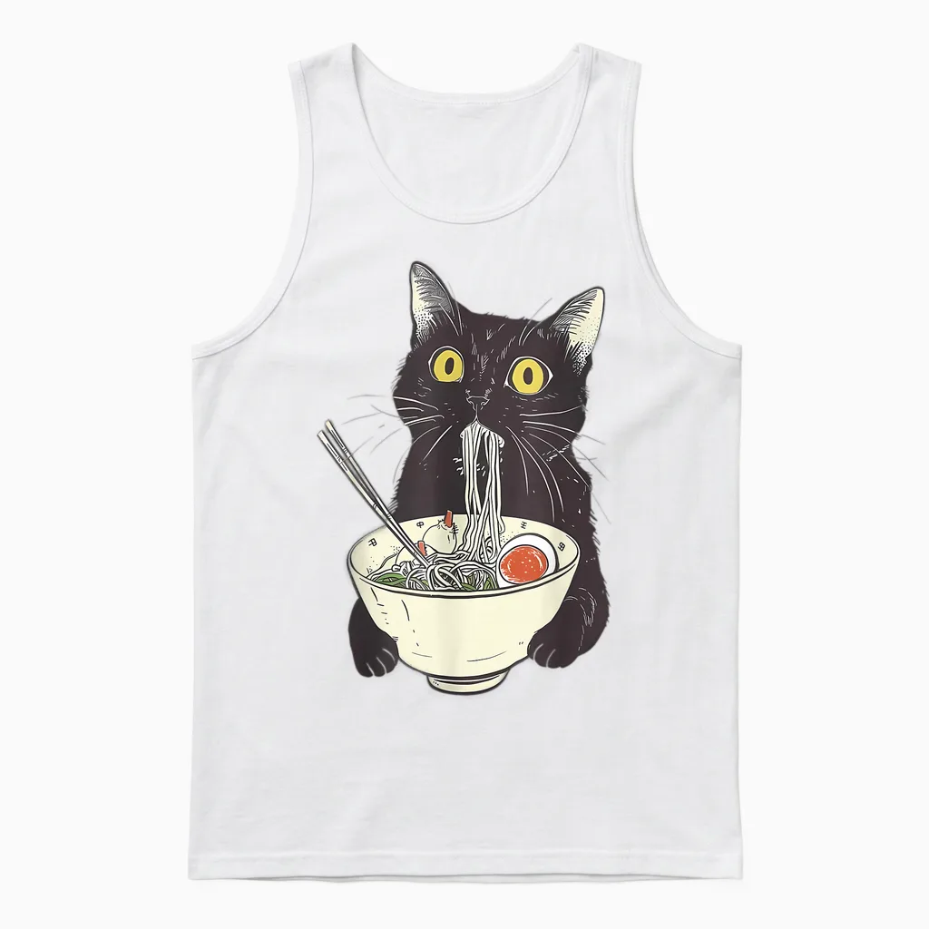 Cat Ramen Noodle Japanese Anime Manga Kawaii Cat T-Shirt, White Unisex Tank Top in White
