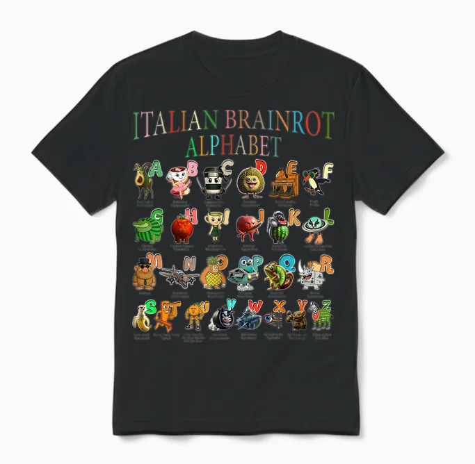 Lustige Italienische Gehirnrot-Figuren Alphabet Meme Brainrot Unisex T-Shirt in Black