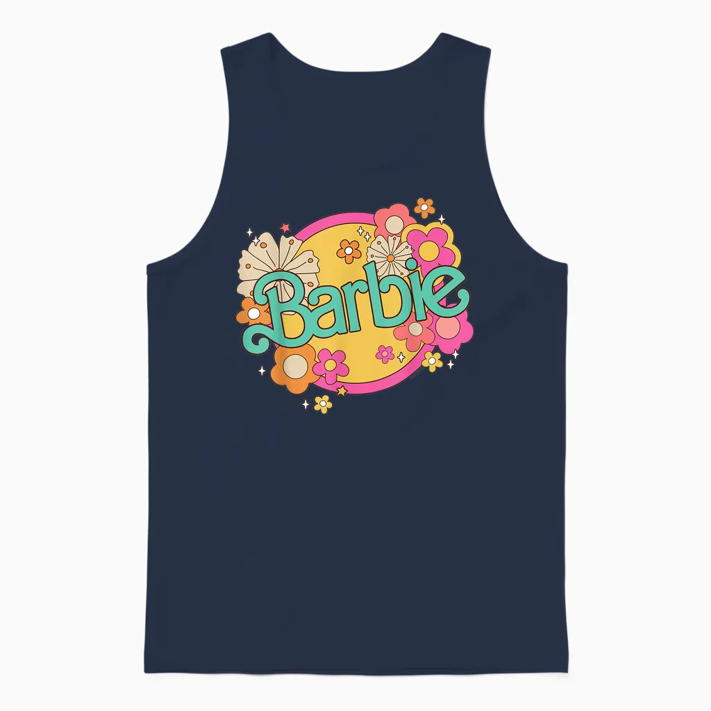 Barbie - Retro Logo with Flowers T-Shirt, Black Unisex Tank Top in Navy