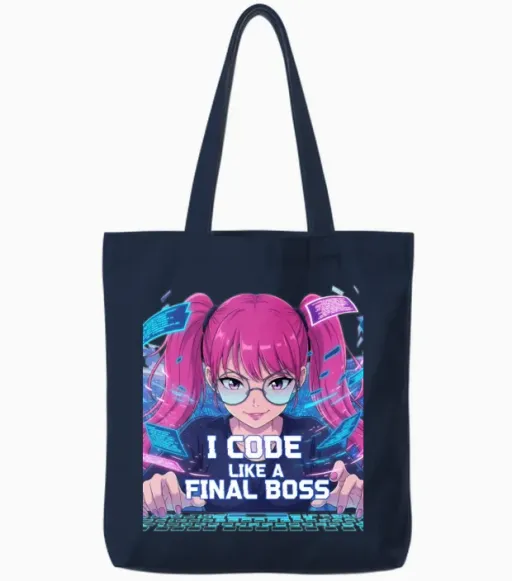 I Code Like a Final Boss – Anime Programmer Girl Tote Bags in Navy