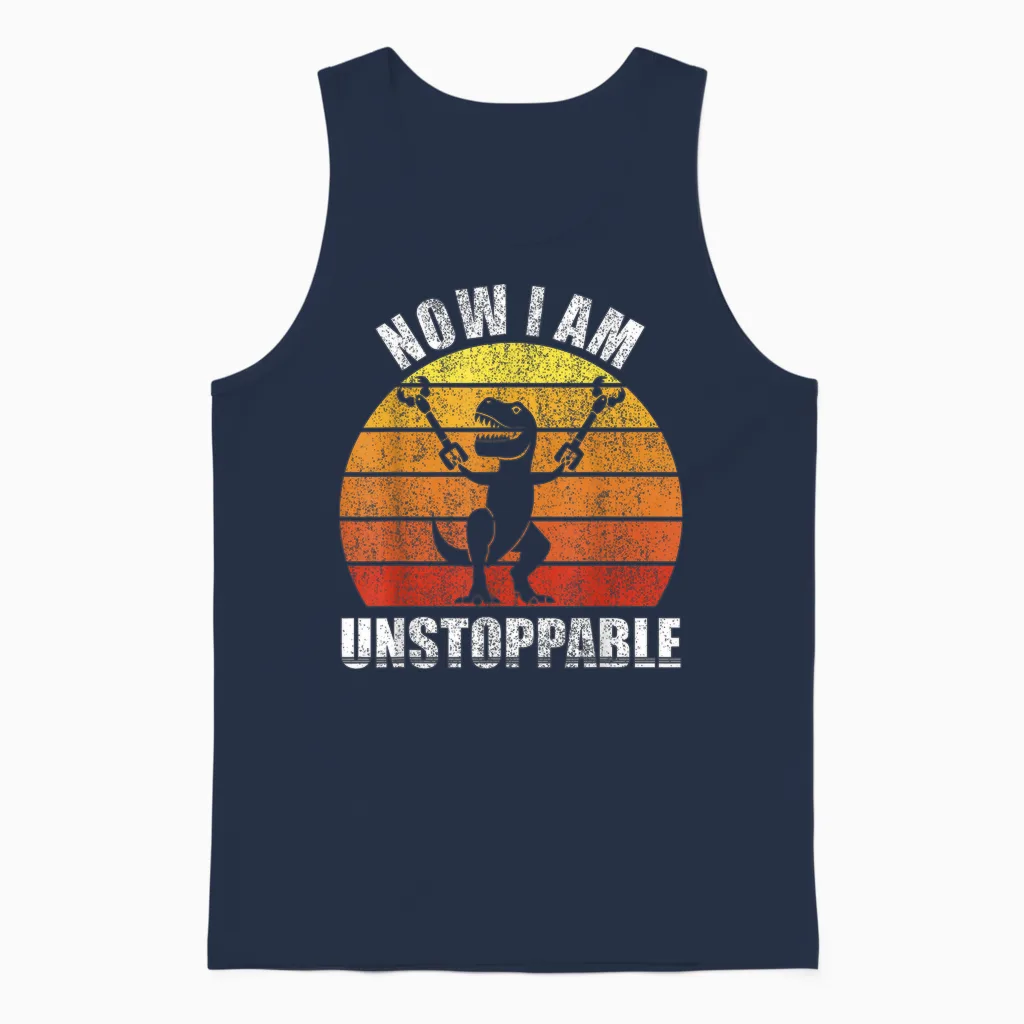 Retro Now I Am Unstoppable Shirt Funny T-Rex Gifts Vintage Unisex Tank Top in Navy