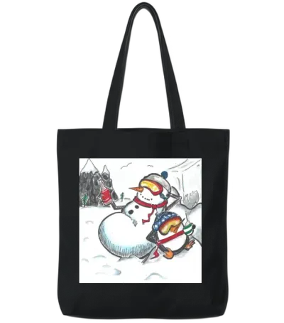 Snowman & Penguin Chilling by Black Sheep Graphix Tote Bags - Black