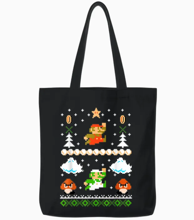 Super Mario Mario Goomba Ugly Christmas Tote Bags in Black