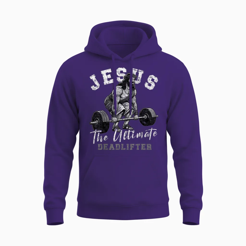 Jesus the Ultimate Deadlifter Funny Christian Workout Gym T-Shirt, Small, Black Unisex Hoodie in Purple