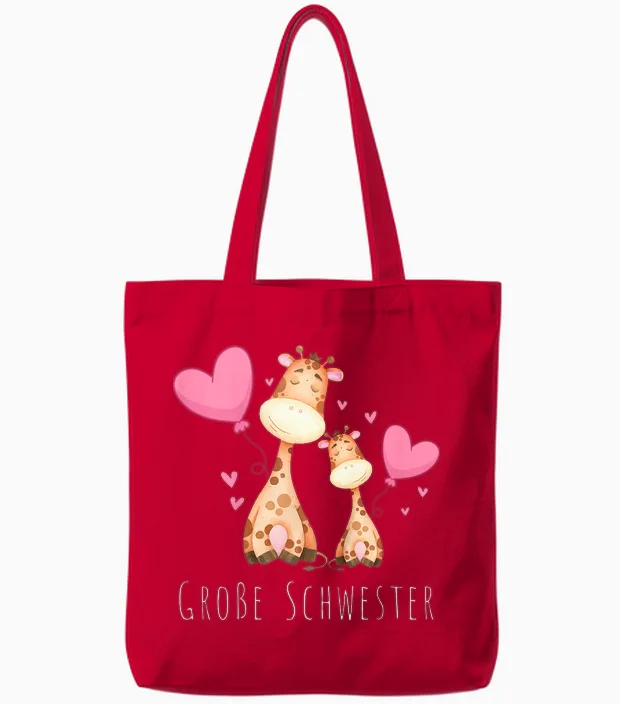 Kinder Große Schwester Giraffe Tote Bags in Red