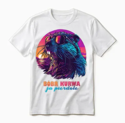 Synthwave Polish Beaver Meme Bober Kurwa Ja Pierdole Bobr T-Shirt, Black Unisex T-Shirt - White