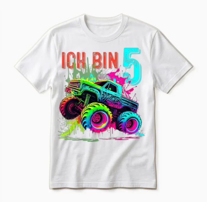 Kinder Ich Bin 5 Jahre Junge Mädchen 5. Geburtstag Monster Truck Unisex T-Shirt in White