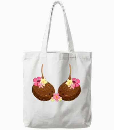 Funny Coconut Bra with Hawaiian Tropical Flowers Tote Bags - White