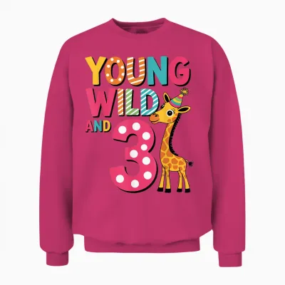 Young Wild and Three Cute Giraffe Kids Birthday Age 3 Unisex Sweatshirt - Heliconia