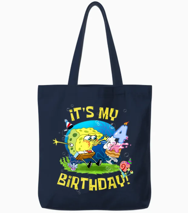 Spongebob It's My 4th Birthday Cake 4 Years Old Spongebob Tote Bags in Navy