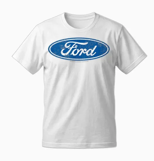 Ford, Oval Logo Distressed Blue T-Shirt, Black Unisex T-Shirt - White