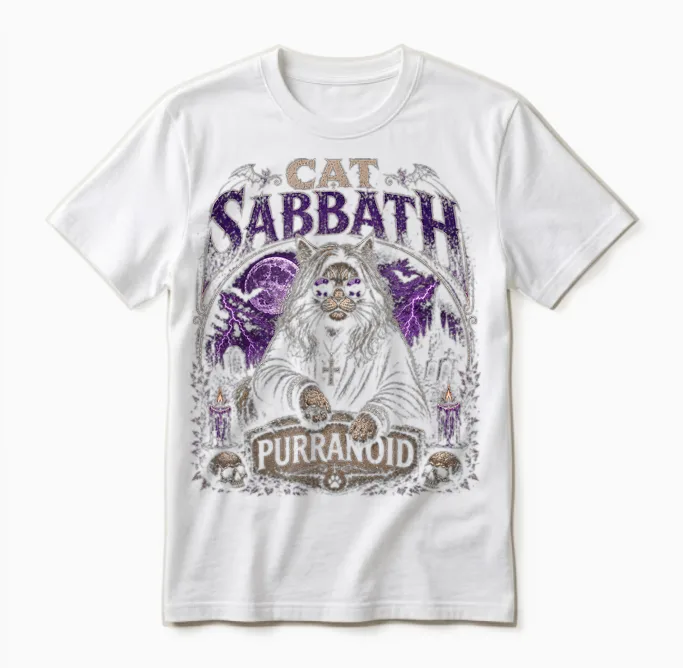 Cat Sabbath Purranoid โ Funny Rock Cat Unisex T-Shirt in White
