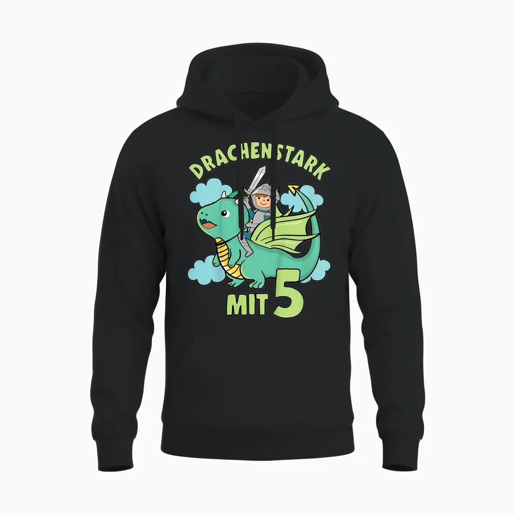 Kinder Drache & Ritter Geburtstagshirt Drachenstark 5 Jahre Junge Unisex Hoodie in Black