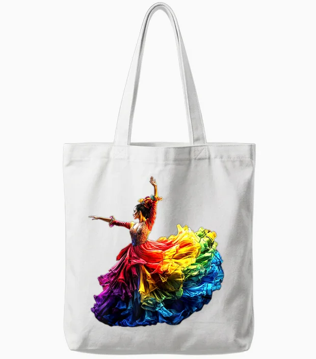 Flamenco Dancer Dress Colorful Rainbow Flamenco T-Shirt, Black, S Tote Bags in White