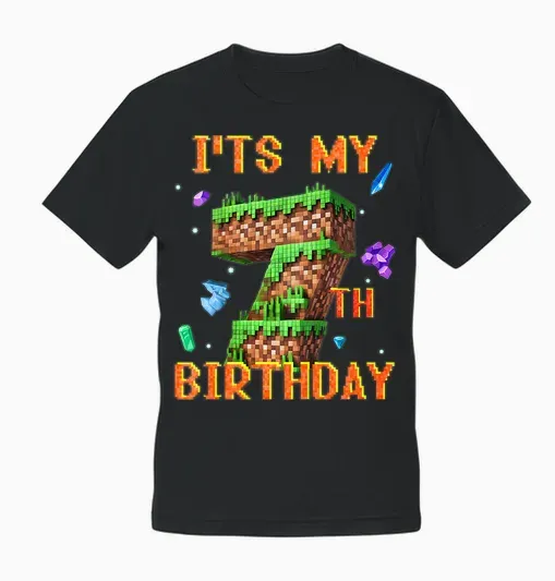 Kids It's My 7th Birthday Pixel Gamer Party Boy Girl T-Shirt, Black, S Unisex T-Shirt - Black
