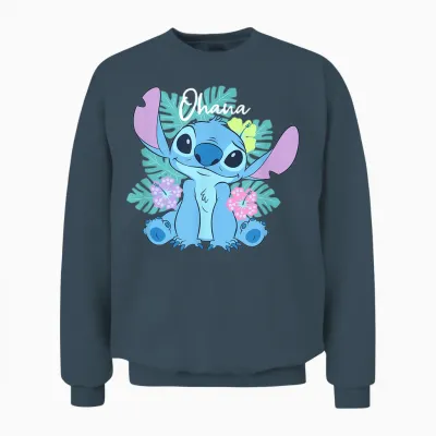 Disney Lilo & Stitch Ohana Adorable Pose Floral Logo Unisex Sweatshirt - Dark Heather